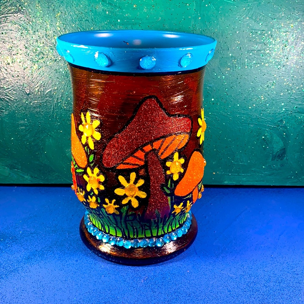 Trippy Sparkly Mushroom & Flower Hurricane Vase Candle Holder by Love Marcy Arts